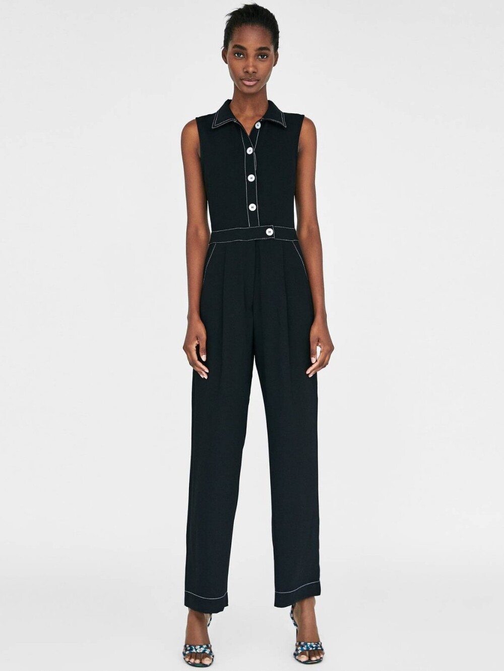 Zara NWT Contrast Stitch Wide Leg Sleeveless Jumpsuit in Black White sz LARGE